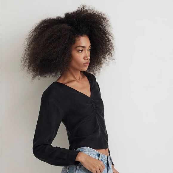 Madewell Brushed Front Ruched Top Womens Size 12 Black - Picture 4 of 12